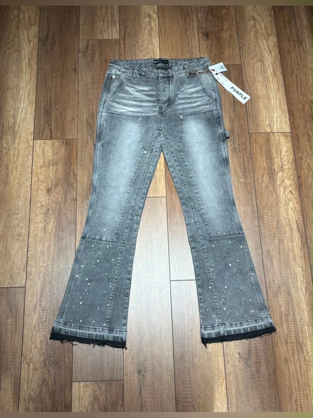 Purple Brand Men's Gray Flared Carpenter Jeans with Paint Splatter Brand New W32